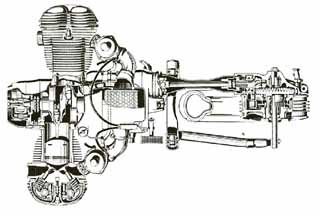 Двигатель и трансмиссия; карданный вал проходит в пере маятника